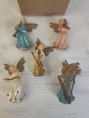 Vtg Set 5 Christmas Angels Playing Instruments Miniature Figurines Hong Kong